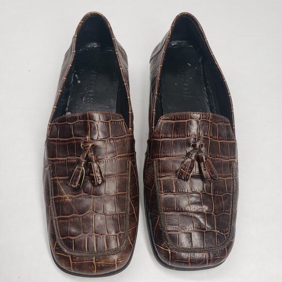Vintage Aerosoles Leather Crocodile Loafers Womens 9.5 Brown Square Toe Tassle - Picture 1 of 16